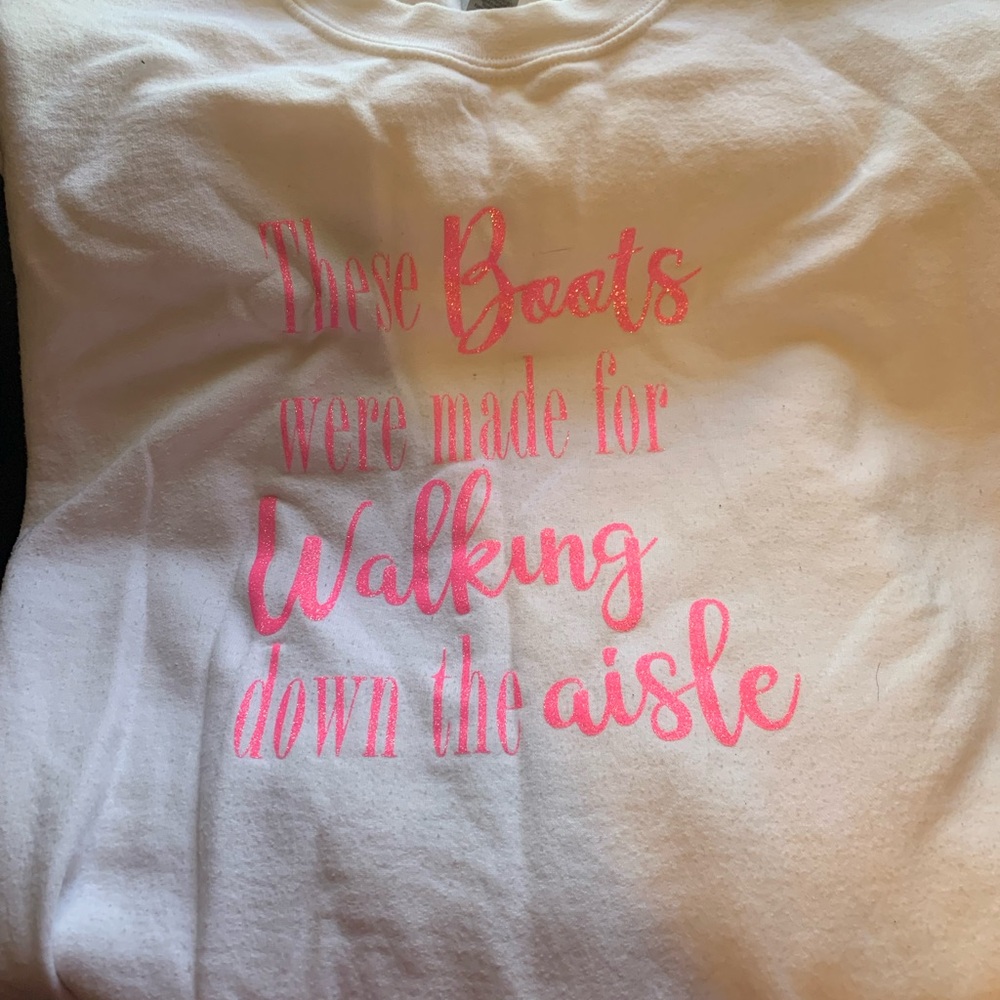 White Sweatshirt with Pink Glitter Graphic Text